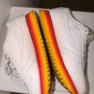 Fila womens White Sneakers with Red-Orange-Yellow Layered Sole